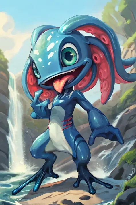 (((masterpiece, best quality))), anime, flat colors, drawing, 8k, stunningly beautiful, highly detailed, depth of field, complex background, BREAK fizz_lol, (amphibian:0.5), solo, full body, tentacle_hair, open mouth, tongue out, gills, (webbed feet:1.2), ...
