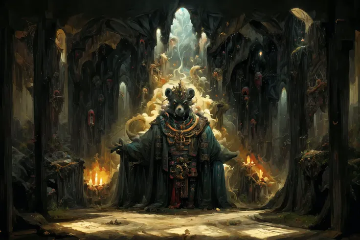 a cute bear in a cave, fuzzy, stalactites, stalagmites, <lora:BlobJourney:1.0>