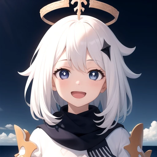 ((masterpiece)),(best quality),official art,extremely detailed CG,unity 8k wallpaper,ultra detailed,A lighthouse on a cliff by the sea,1girl,solo,upper body,(portrait:1.2),looking at viewer,halo,white_hair,open_mouth,blue_eyes,smile,black scarf,scarf,cape,...