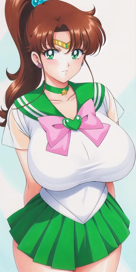 <lora:MakotoV1:0.7> kino_makoto, huge_breasts, standing, solo, White_leotard_Green_sailor_collar_Green_miniskirt_White_gloves_Star_choker_Pink_bowtie_Pink_back_bow_Circlet_Heart_brooch_See-through_sleeves, starry_sky,, masterpiece, best quality, detailed f...
