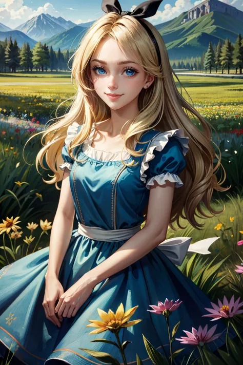 ((ultra detailed, masterpiece, best quality))
<lora:DisneyAlice:0.9>
DisneyAlice, 1girl, solo, long hair, blonde hair, blue eyes, headband, bow, surrounded by sunflowers in a bright field, smiling, happy
