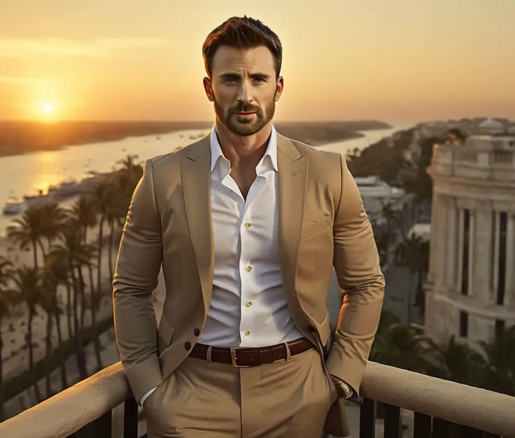 Nautical-themed (Photo:1.3) of (Ultrarealistic:1.3) <lora:Man_Men_FFashion:1> Chris Evans a man <lora:chris-evans:1> in a tan suit standing on a balcony, sun behind him, inspired by Pablo Munoz Gomez, shot at golden hour, editorial photograph, midshot of a...