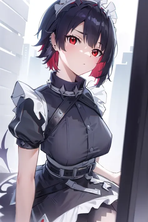 ellenjoe, <lora:ellen joe-lora-nochekaiser:1>,
ellen joe, black hair, colored inner hair, multicolored hair, (red eyes:1.3), red hair, short hair, two-tone hair,
BREAK bapron, black pantyhose, black shirt, black skirt, ear piercing, fins, fish tail, maid, ...