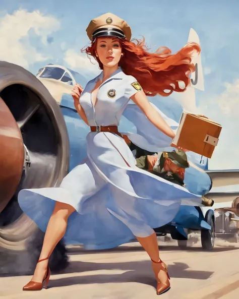 painting, 1girl,short hair,blue eyes,brown hair,1boy,hat,dress,jewelry,underwear,panties,red hair,earrings,boots,necktie,belt,pants,signature,necklace,bag,uniform,high heels,book,clothes pull,ground vehicle,wind,motor vehicle,headwear removed,hat removed,w...