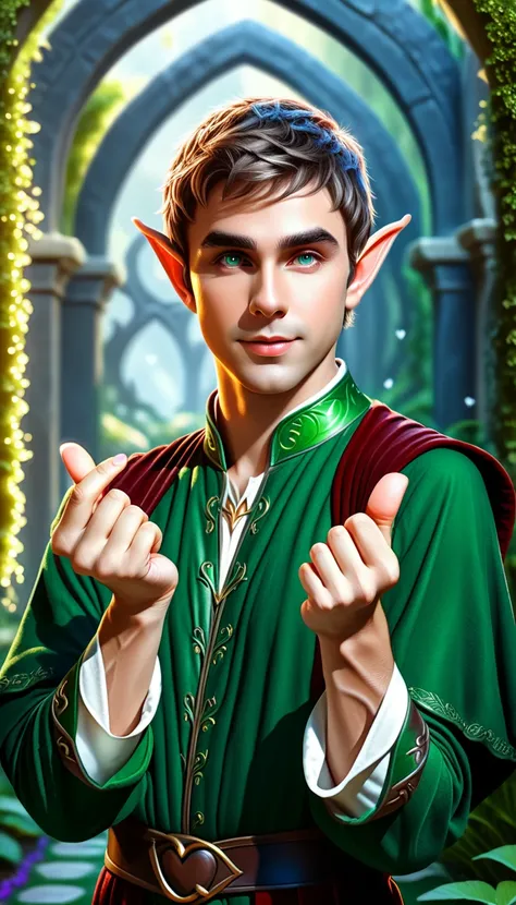 lovehandgesture, portrait of male elf, in a mystical garden