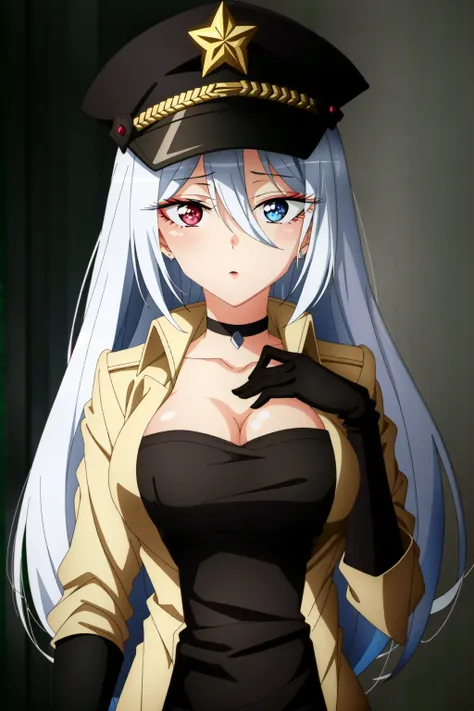 (anime coloring),(masterpiece),(best quality),(ultra-detailed),(best illustration),(best shadow),(absurdres),(detailed background), <lora:OGT_Marin_Kitagawa-v3:1> Marin Kitagawa, Lobelia, 1girl, solo, breasts, long hair, hat, cleavage, gloves, red eyes, ch...
