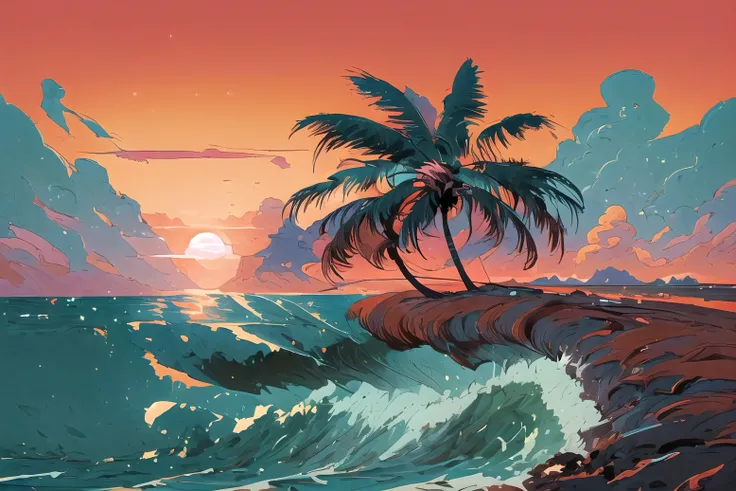 (best quality, masterpiece), sunset on the beach with palm trees and waves, low detailed, digital painting, Pixiv, 8K, cliffside, James Edmiston, rich bright sunny colors, redpink sunset, far view, Hawaii, long view, detailed image, vector artwork, the col...