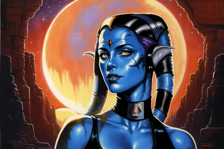 Star Wars, bold colors, (by Philippe Druillet and Juan Giménez), erotic illustration of a mature (Twilek woman:1.2), grey tank top, flat chested, leather pants, tactical belt, sci-fi, desert planet, two moons in the sky above, at dusk, complex background, ...