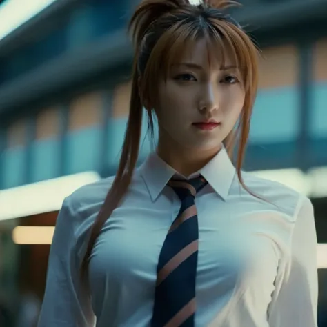 cinematic film still of  <lora:Kurumi Imari:1.5>
Kurumi Imari a full shot of a woman in a short skirt and a tie, shallow depth of field, vignette, highly detailed, high budget, bokeh, cinemascope, moody, epic, gorgeous, film grain, grainy