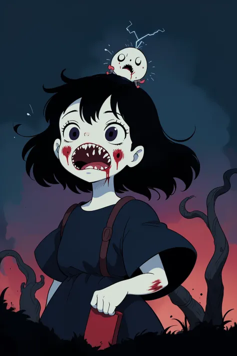 ((sticker design, electric color background)), lady, french twist, (girl portrait:1.2), Sundress , (masterpiece, best quality:1.6), kikis delivery service, at Nighttime, Megalith, ð, Fantastical, (horror style:1.4), blood,