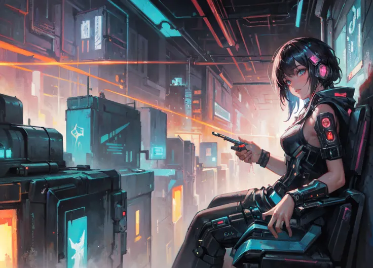(masterpiece, best quality, ultra detailed, beautiful illustration), (oil painting:1.4), atmospheric perspective, (cyberpunk atmosphere, elaborate atmosphere:1.4), depth of field, looking at viewer, girl in the streets of tokyo at night, nighttime:1.4, pin...