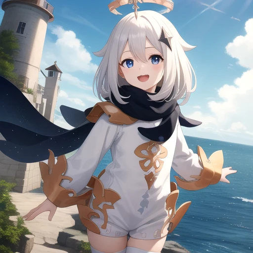 ((masterpiece)),(best quality),official art,extremely detailed CG,unity 8k wallpaper,ultra detailed,A lighthouse on a cliff by the sea,1girl,solo,cowboy shot,looking at viewer,halo,petite,white_hair,open_mouth,blue_eyes,smile,black scarf,scarf,cape,white_d...