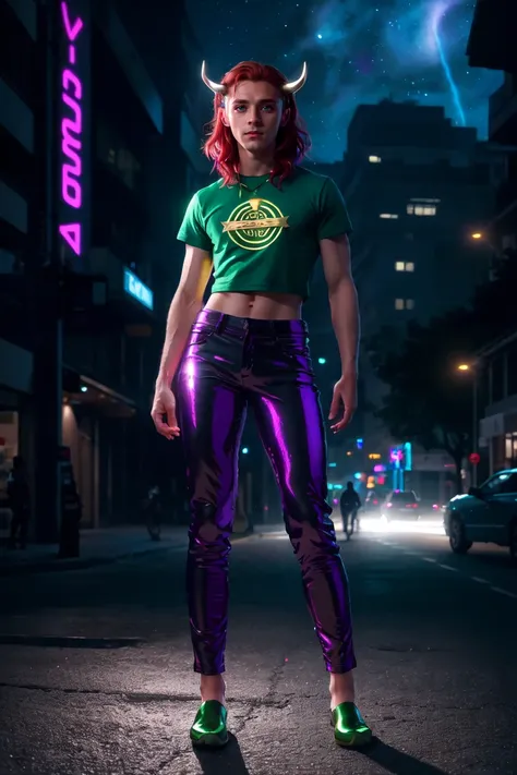 nvinkpunk, (masterpiece, best quality, ultra-detailed, highres, best illustration), 1boy, solo, (male focus:0.8), transgender male, (masculine:0.7), (norse god loki), two tone hair, red hair, green hair, short hair, heterochromia, purple eyes , side lighti...