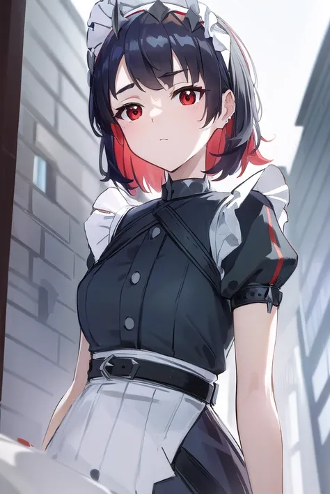 ellenjoe, <lora:ellen joe-lora-nochekaiser:1>,
ellen joe, black hair, colored inner hair, multicolored hair, (red eyes:1.3), red hair, short hair, two-tone hair,
BREAK bapron, black pantyhose, black shirt, black skirt, ear piercing, fins, fish tail, maid, ...