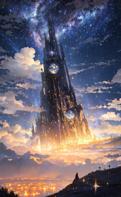 masterpiece, best quality, everyday life in the cloud kingdom, dark moody lighting, (night, night sky, starry sky, star (sky), sparkle:1.1)