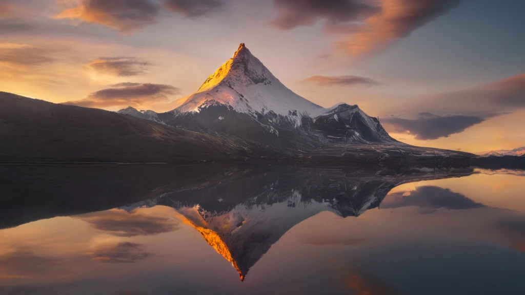 landscape of a tall snow mountain with golden peak reflecting in the a lake at sunset