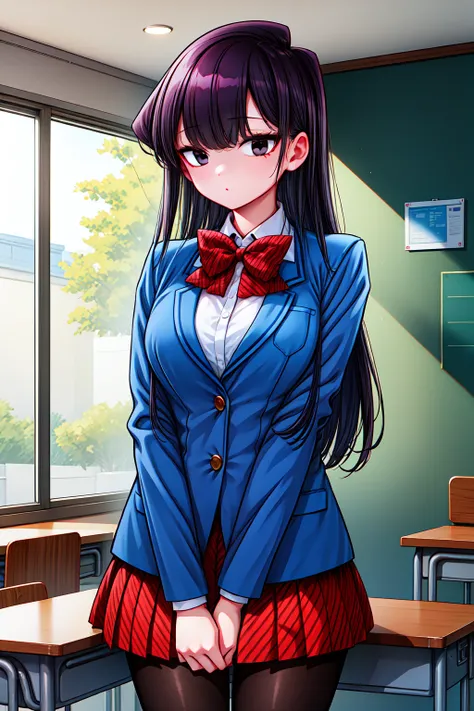 1girl, cowboy shot, standing, classroom, 
komi_shouko, black eyes, black hair, long hair, bangs, bowtie, school uniform, blue jacket, blazer, white shirt, striped, red skirt, black pantyhose, <lora:komi_shouko_lora_ver2:0.7>, best quality, masterpiece, hig...