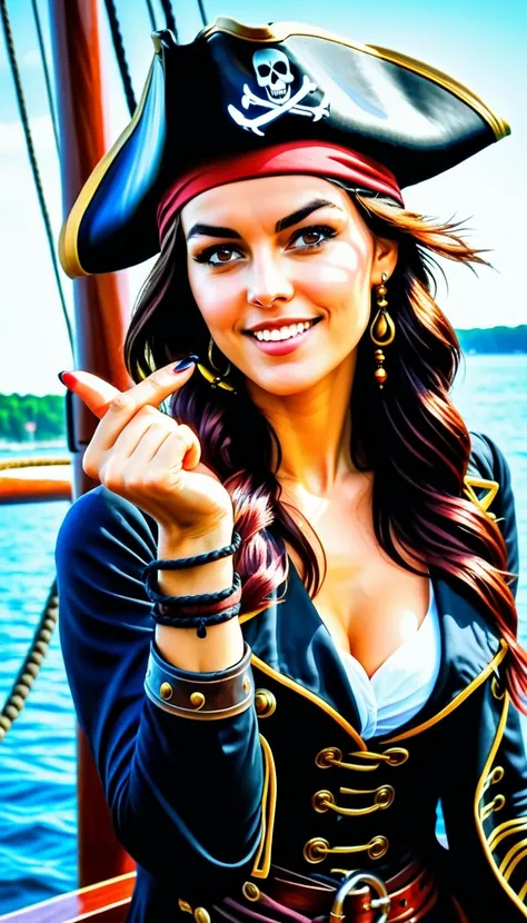 lovehandgesture, portrait of a female pirate, on the ship at the dock