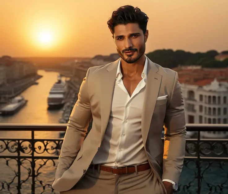 Nautical-themed (Photo:1.3) of (Ultrarealistic:1.3) <lora:Man_Men_FFashion:1> Mats Hummels a man <lora:vin-Mats-Hummels:1> in a tan suit standing on a balcony, sun behind him, inspired by Pablo Munoz Gomez, shot at golden hour, editorial photograph, midsho...