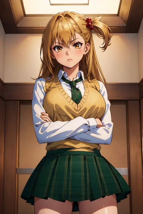 masterpiece, best quality, 1girl, solo <lora:amagakeyuri-nvwls-v1-000010:0.9> amagake yuri, hair ornament, yellow sweater vest, white shirt, long sleeves, green necktie, green skirt, large breasts, crossed arms, head tilt, furrowed brow, looking at viewer,...