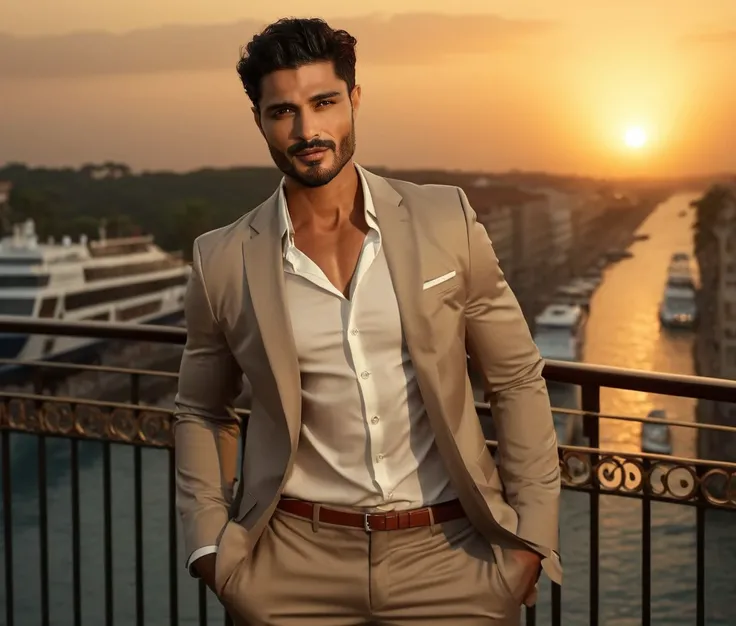Nautical-themed (Photo:1.3) of (Ultrarealistic:1.3) <lora:Man_Men_FFashion:1> Mats Hummels a man <lora:vin-Mats-Hummels:1> in a tan suit standing on a balcony, sun behind him, inspired by Pablo Munoz Gomez, shot at golden hour, editorial photograph, midsho...
