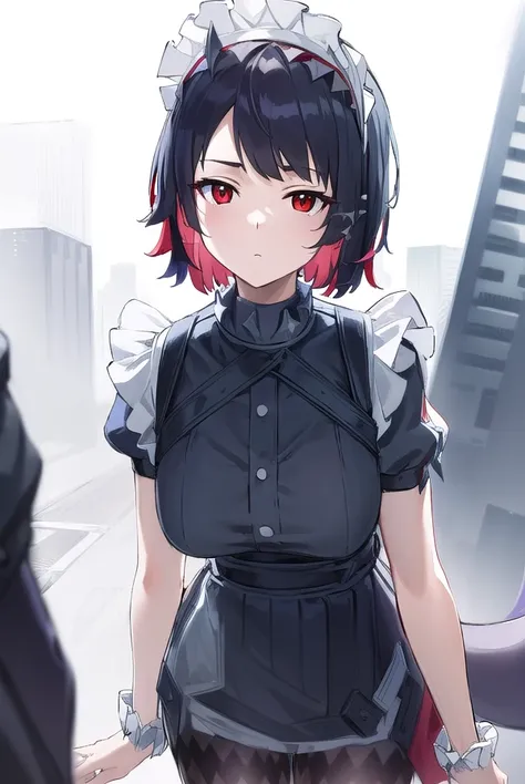 ellenjoe, <lora:ellen joe-lora-nochekaiser:1>,
ellen joe, black hair, colored inner hair, multicolored hair, (red eyes:1.3), red hair, short hair, two-tone hair,
BREAK bapron, black pantyhose, black shirt, black skirt, ear piercing, fins, fish tail, maid, ...