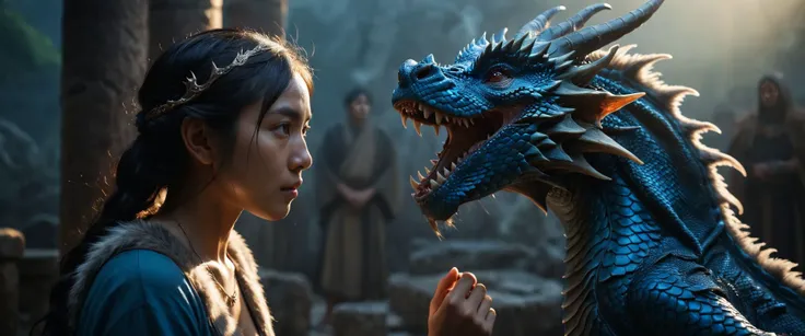movie still photography of (ebony blue dragons head protecting a blind young lady:1.3), (komodo snake hybrid:0.3), cinematic, epic, dramatic lighting, rim light, dim light, sinuous pose, veiny skin, subsurface scattering, sss, (intricate grooming furs with...