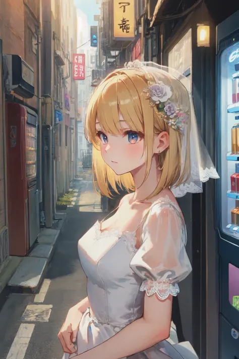 masterpiece, best quality, 1girl, upper body, bangs, medium hair, straight hair, blonde hair, wedding dress, puffy sleeves, veil, flower hair ornament, alleyway, vending machine, japanese vending machine, alley, ,