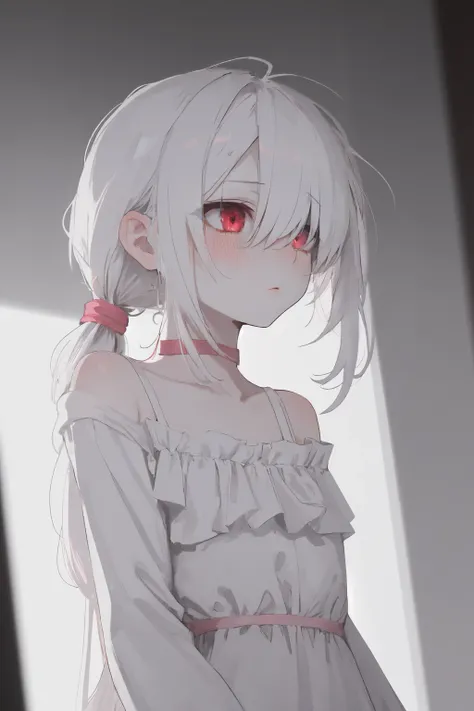 (masterpiece detailed depth-of-field) 1girl upper-body white-hair albino makeup blush eyeshadow pink-choker colored-eyelashes hair-between-eyes hair-over-eyes sidelocks low-tied-hair hair-over-shoulder long-hair messy-hair long-sleeves pale-skin red-eyes d...