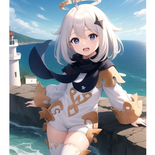 ((masterpiece)),(best quality),official art,extremely detailed CG,unity 8k wallpaper,ultra detailed,A lighthouse on a cliff by the sea,1girl,solo,cowboy shot,looking at viewer,halo,petite,white_hair,open_mouth,blue_eyes,smile,black scarf,scarf,cape,white_d...