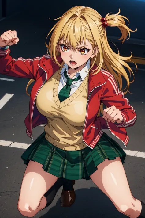 masterpiece, best quality, 1girl, solo <lora:amagakeyuri-nvwls-v1-000010:0.9> amagake yuri, hair ornament, red jacket, yellow sweater vest, green necktie, green skirt, socks, loafers, fighting stance, clenched hands, furrowed brow, open mouth, from above, ...