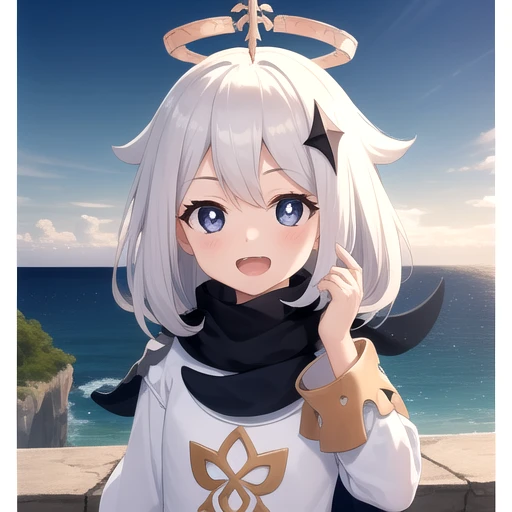 ((masterpiece)),(best quality),official art,extremely detailed CG,unity 8k wallpaper,ultra detailed,A lighthouse on a cliff by the sea,1girl,solo,upper body,(portrait:1.2),looking at viewer,halo,petite,white_hair,open_mouth,blue_eyes,smile,black scarf,scar...