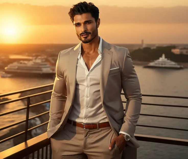 Nautical-themed (Photo:1.3) of (Ultrarealistic:1.3) <lora:Man_Men_FFashion:1> Mats Hummels a man <lora:vin-Mats-Hummels:1> in a tan suit standing on a balcony, sun behind him, inspired by Pablo Munoz Gomez, shot at golden hour, editorial photograph, midsho...