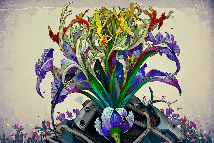 purple and yellow iris flowers, (no humans:1.9), <lora:SwathJourney:1.0>