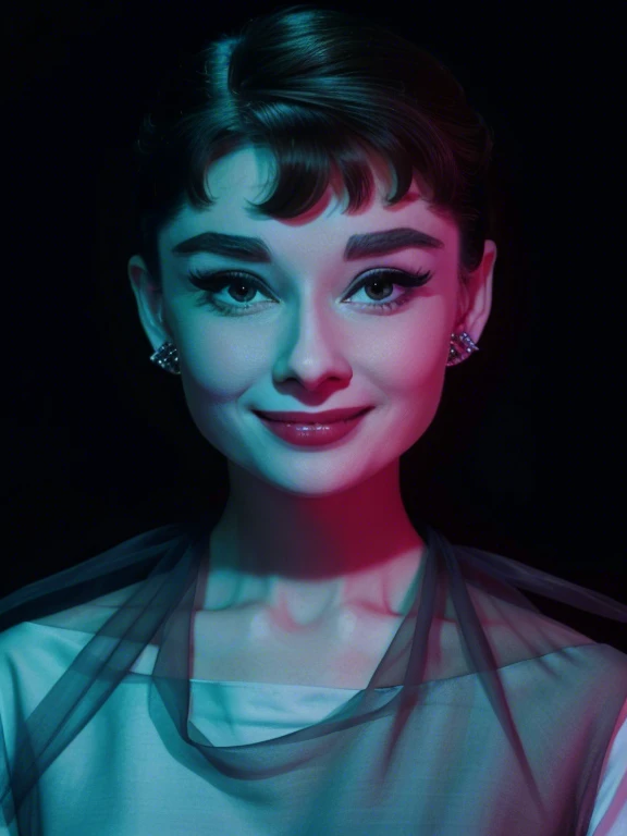 Audrey Hepburn in color, circle eyes, smiling