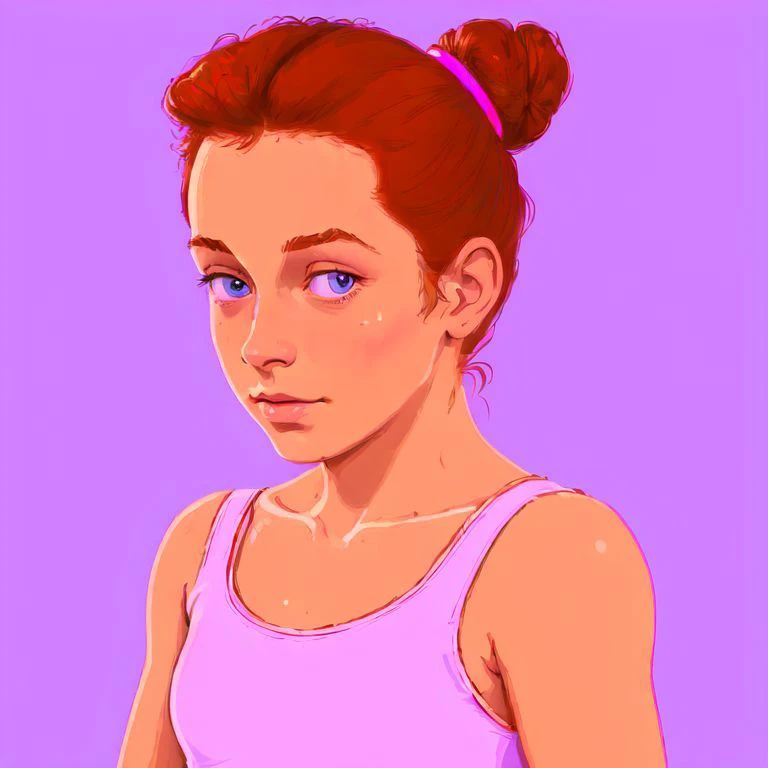 burly British (magenta streets of paris perspective view<lora:Color-000150:1.2>:1.1) Tanner, Emotionally Charged, wearing Zinc, Ginger hair styled as Ballerina bun, Smartwatch, Bathed in shadows, Simple illustration, Relieving, Neon and Rainbow details, de...