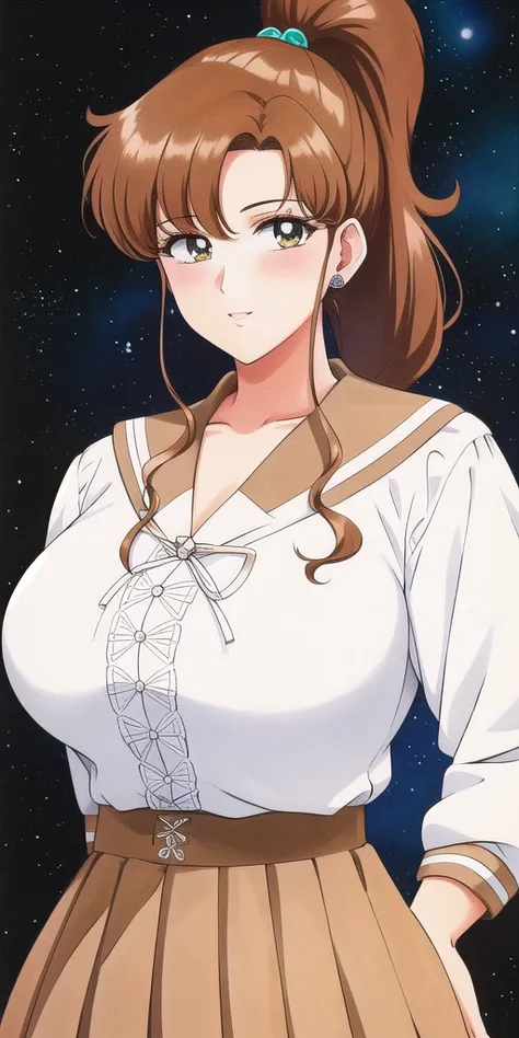 <lora:MakotoV1:0.7> kino_makoto, huge_breasts, standing, solo, School_uniform_Serafuku_White_shirt_Brown_sailor_collar_Cross-laced_top_Brown_skirt, starry_sky,, masterpiece, best quality, detailed face, detailed eyes, highres,