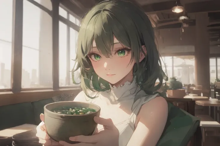 (best quality:1.4), anime, solo, A girl in restaurant, holding out bowl, offering bowl full of green bean soup
