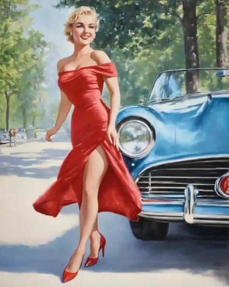 1girl,solo,breasts,smile,short hair,blue eyes,blonde hair,dress,bare shoulders,jewelry,standing,earrings,outdoors,day,off shoulder,high heels,tree,makeup,red dress,lipstick,red footwear,sports car ,vintage_p_style <lora:VintagePPXL:1>, ((perfect eyes, deta...