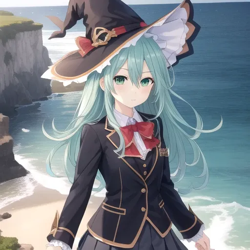 ((masterpiece)),(best quality),official art,extremely detailed CG,unity 8k wallpaper,ultra detailed,A lighthouse on a cliff by the sea,1girl,solo,upper body,looking at viewer,natsumi (date a live),witch hat,messy long hair,green hair,green eyes,bangs,blush...