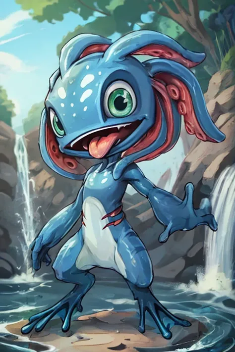 (((masterpiece, best quality))), anime, flat colors, drawing, 8k, stunningly beautiful, highly detailed, depth of field, complex background, BREAK fizz_lol, (amphibian:0.5), solo, full body, tentacle_hair, open mouth, tongue out, gills, (webbed feet:1.2), ...