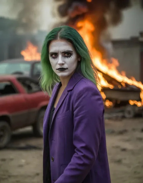 A character with green hair, (white face paint:1.1), (dark eye makeup:1.1), (sinister smile:1.2), in a purple coat, green vest, standing in front of (raging flames:1.3), (burning building:1.2), (smoldering debris:1.1), ominous presence, chaotic atmosphere,...