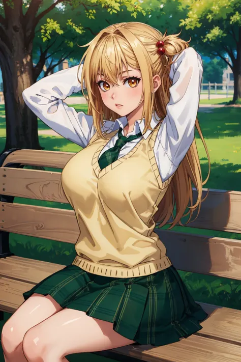 masterpiece, best quality, 1girl, solo <lora:amagakeyuri-nvwls-v1-000010:0.9> amagake yuri, hair ornament, yellow sweater vest, white shirt, long sleeves, green necktie, green skirt, large breasts, arms behind head, looking at viewer, sitting, bench, park
