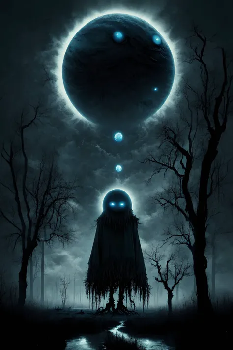 a scary blue monster in a swamp, black trees, white sky, black sun, (no humans:1.9) <lora:MadeJourney_v1:1.0>