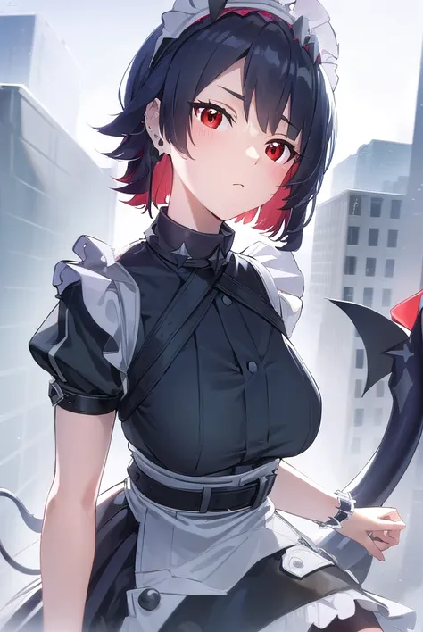 ellenjoe, <lora:ellen joe-lora-nochekaiser:1>,
ellen joe, black hair, colored inner hair, multicolored hair, (red eyes:1.3), red hair, short hair, two-tone hair,
BREAK bapron, black pantyhose, black shirt, black skirt, ear piercing, fins, fish tail, maid, ...