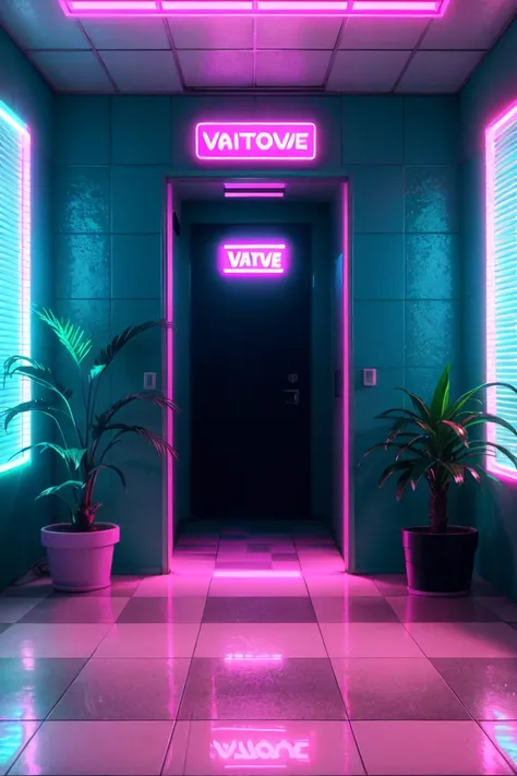 synthwave punk style, vaporwave style, synthwave, vaporwave colors, nvinkpunk, (masterpiece, best illustration, extreme light and shadow), checkered floor, indoors, neon lights, no humans, plant, potted plant, scenery, speaker, tile floor, tiles, rule of t...