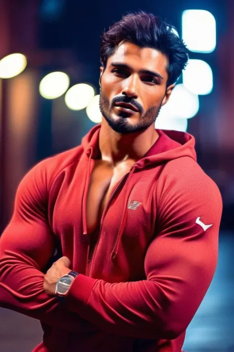 Mats Hummels a man <lora:vin-Mats-Hummels:1>, realistic photo in a worn ((skin-revealing skimpy erotic red tracksuit, massive hairy pecs)), big pecs, big arms, bulge, VPL, ((light bokeh)), intricate, (steel metal [rust]), elegant, erotic, exuding sexual en...