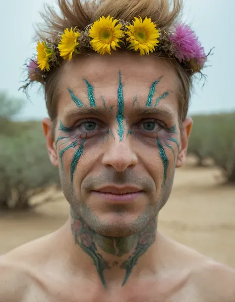 masterpiece, realistic photo, horror, a man surrounded by trees and flowers in the desert, in the style of hybrid creature compositions, rendered in cinema4d, grotesque characters, selective focus, rococo-inspired art, UHD image, eerily realistic evil and ...