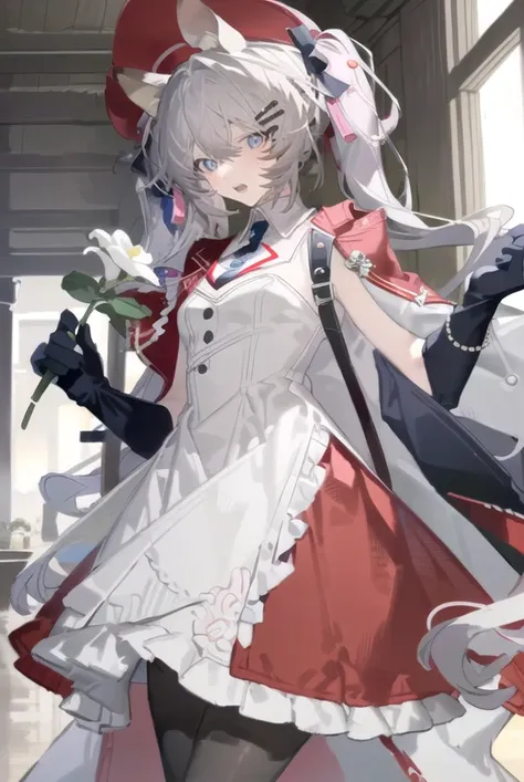 8kï¼ultra-detailed, illustration, (beautiful detailed eyes), beautiful, amazing,detailed eyes, (((masterpiece))),<lora:AN:1>, 1girl, animal ears, dress, gloves, solo, flower, holding, pantyhose, white pantyhose, hat, hair ornament, grey hair, white gloves...