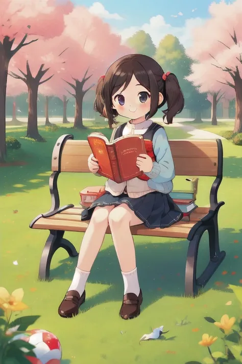 (masterpiece), (best quality), (extremely detailed), photo realistic, ((A child,small cute plush ball erringsï¼pigtailsï¼jumper skirt, A charming smile, reading picture-story book)), Parks, lawns, cherry trees, benches,